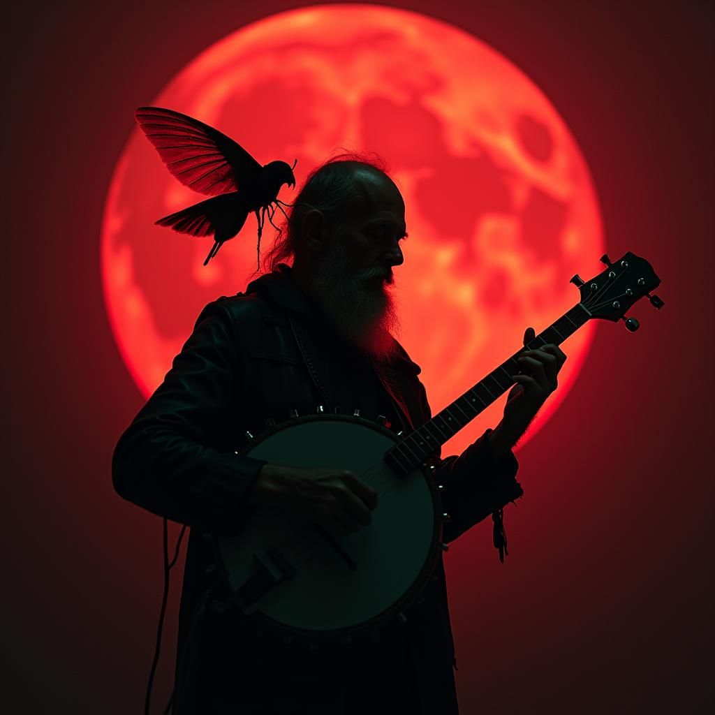 Cyberpunk Banjo Player Under Mothman Moon