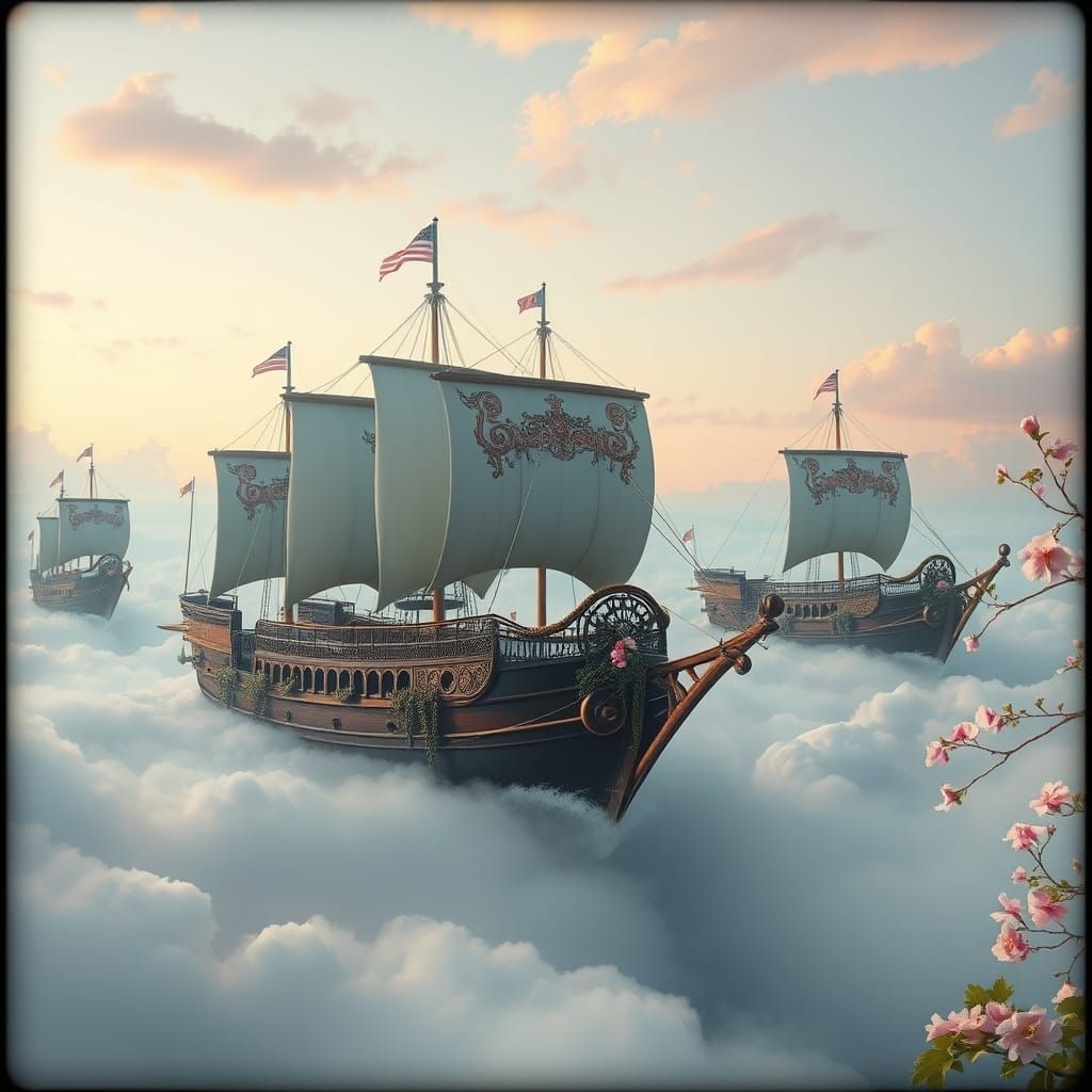 Botanical Galleons Drift Through Pastel Sky