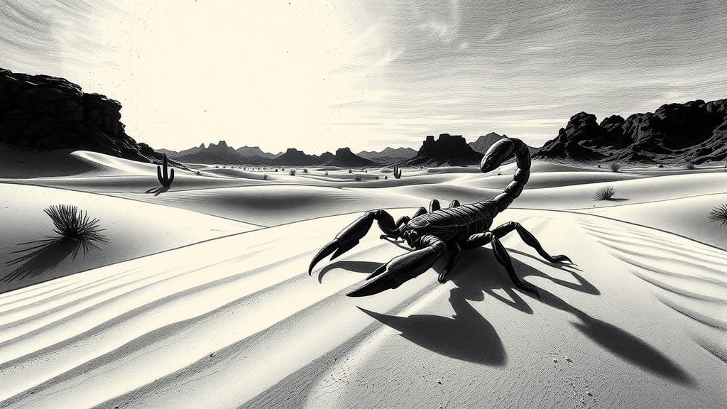 Arizona Scorpion in Desert Landscape with Indian Ink