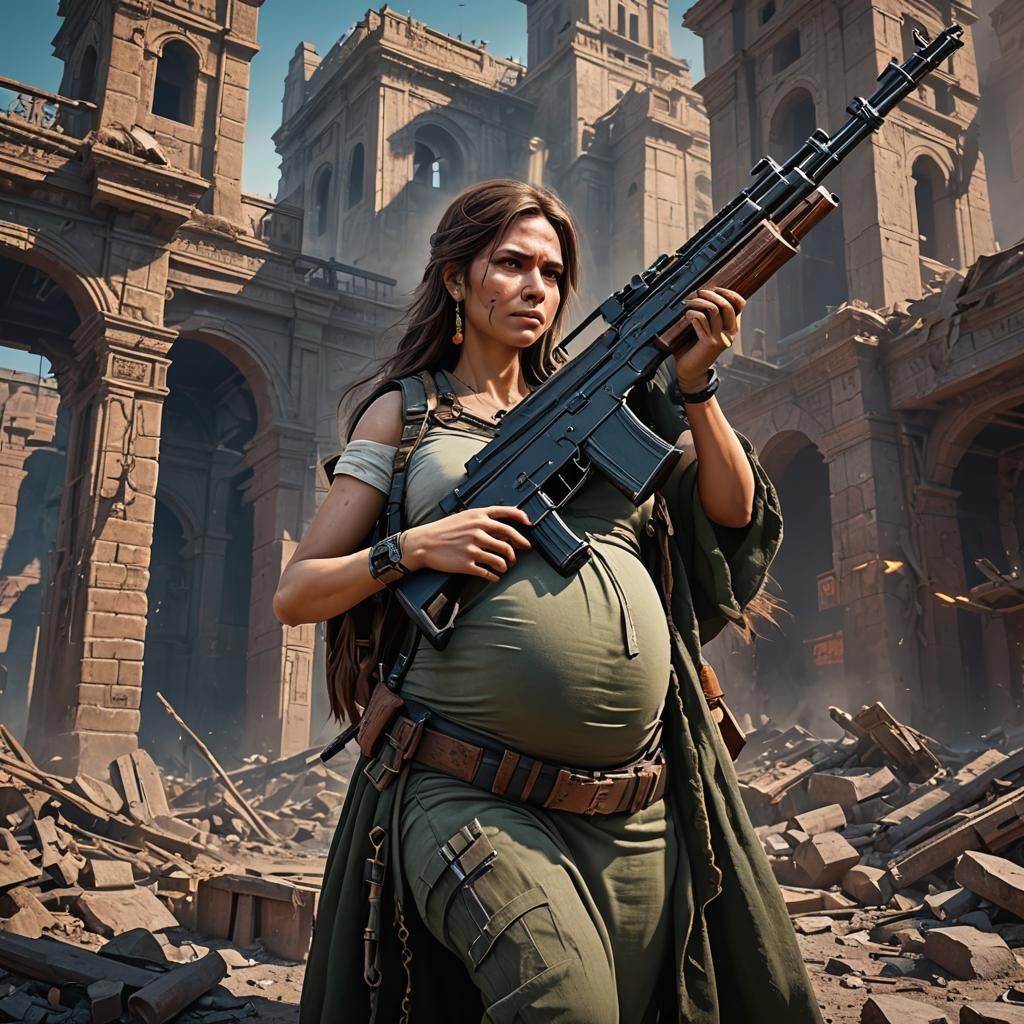 Pregnant Woman with AK-47: Detailed Matte Painting