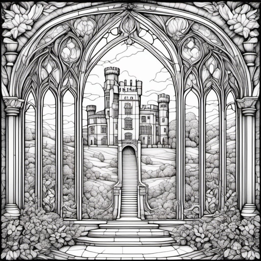 English Castle Coloring Page with Stained Glass