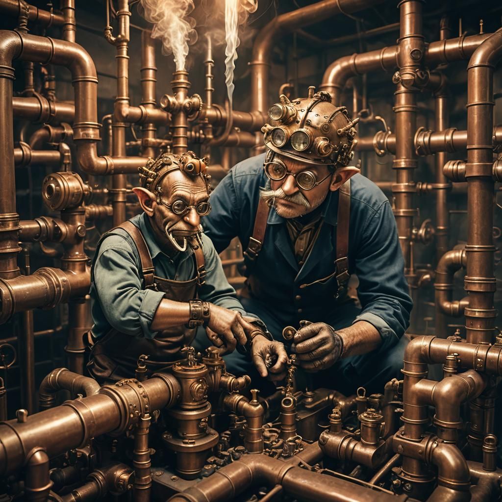 Steampunk Goblin Plumber Inspecting Brass Device