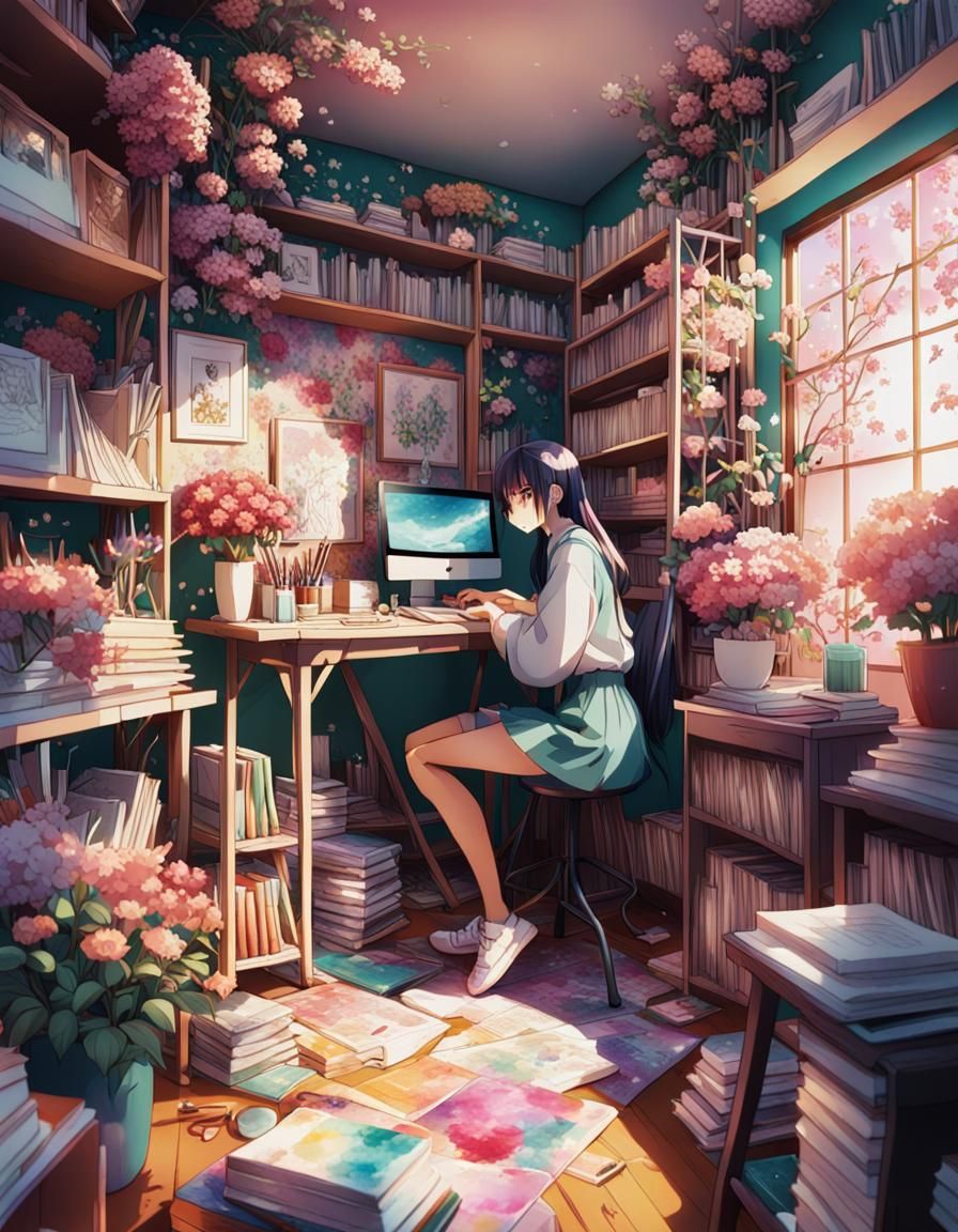 Girl's Room Overflowing with Flowers in Anime Style