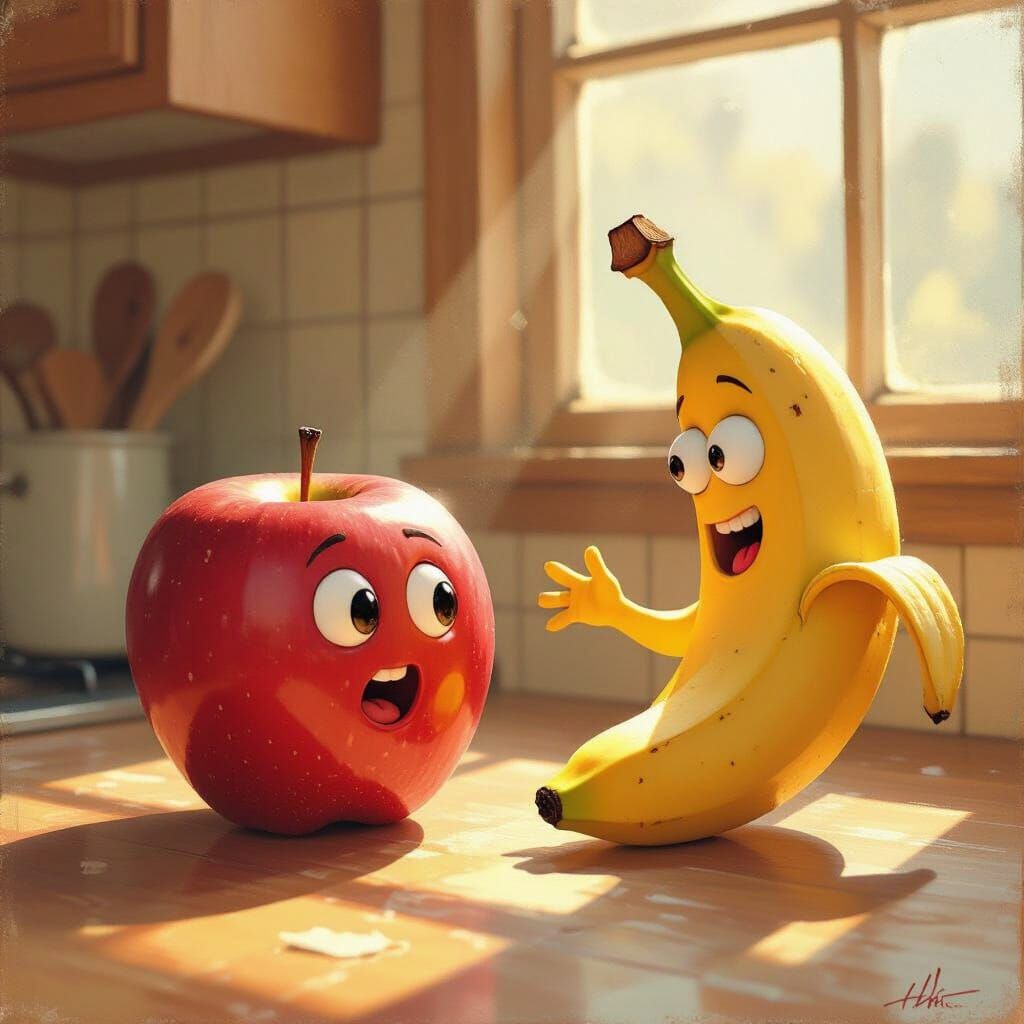Animated Apple Chats with Wild Banana in Kitchen Oil Paintin...