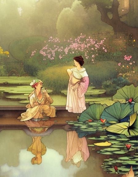 Philosophical Debate by Water Lilies: Watercolor Illustratio...