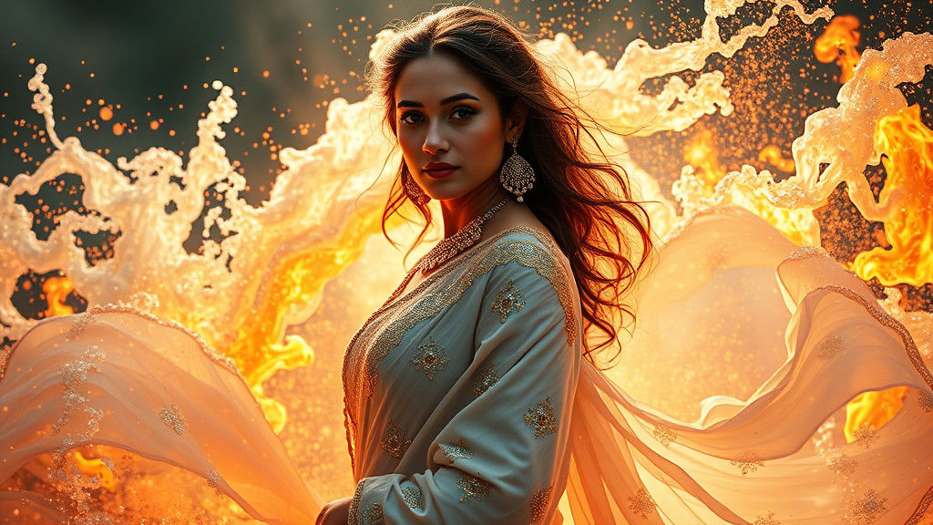 Woman in Saree Amidst Water and Flames