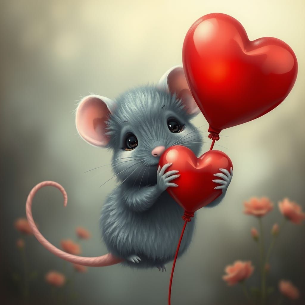 a cute, whimsical realistic mouse holding a heart-shaped balloon. The mouse should be gray or light brown, with soft fur...