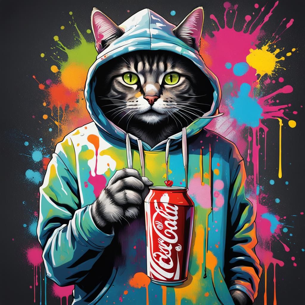 Hoodie Cat Graffiti Art: Soda Sipping Cool