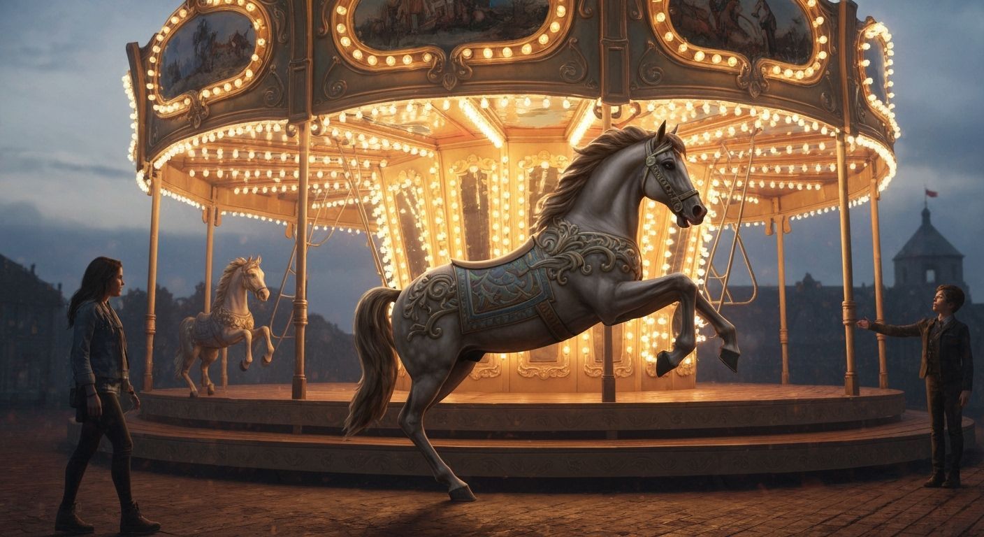 Fantasy Horse Leaping From Carousel in Digital Painting Styl...