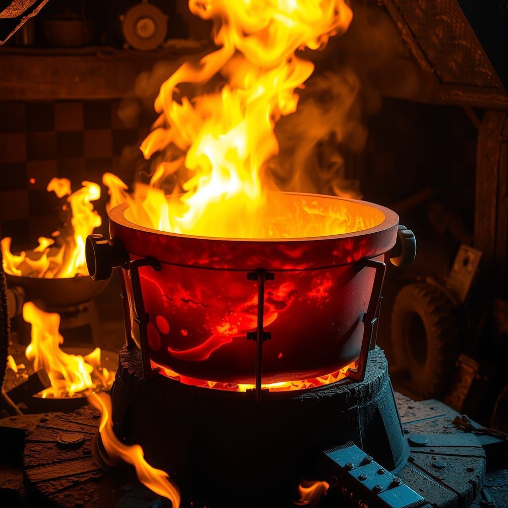 Crucible in Forge Fire with Molten Metal and Glass