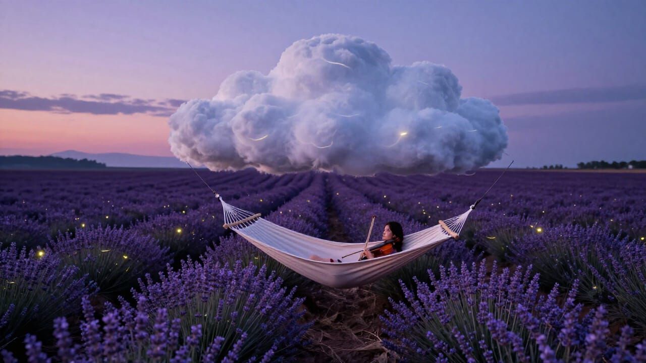 Cloud Hammock Over Lavender Fields at Twilight with Fireflie...