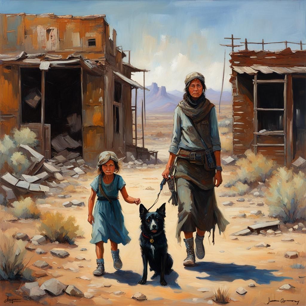 Post-Apocalyptic Family in Desert Ghost Town, Oil Painting