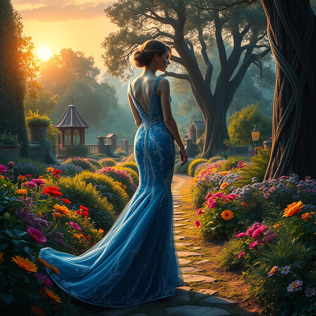 Woman in Blue Gown in Whimsical Garden