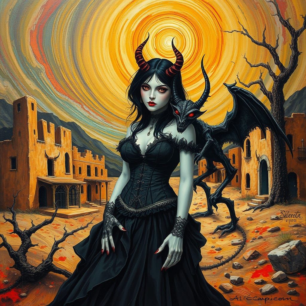 Surrealist Gothic Townscape with Dark Romantic Figure