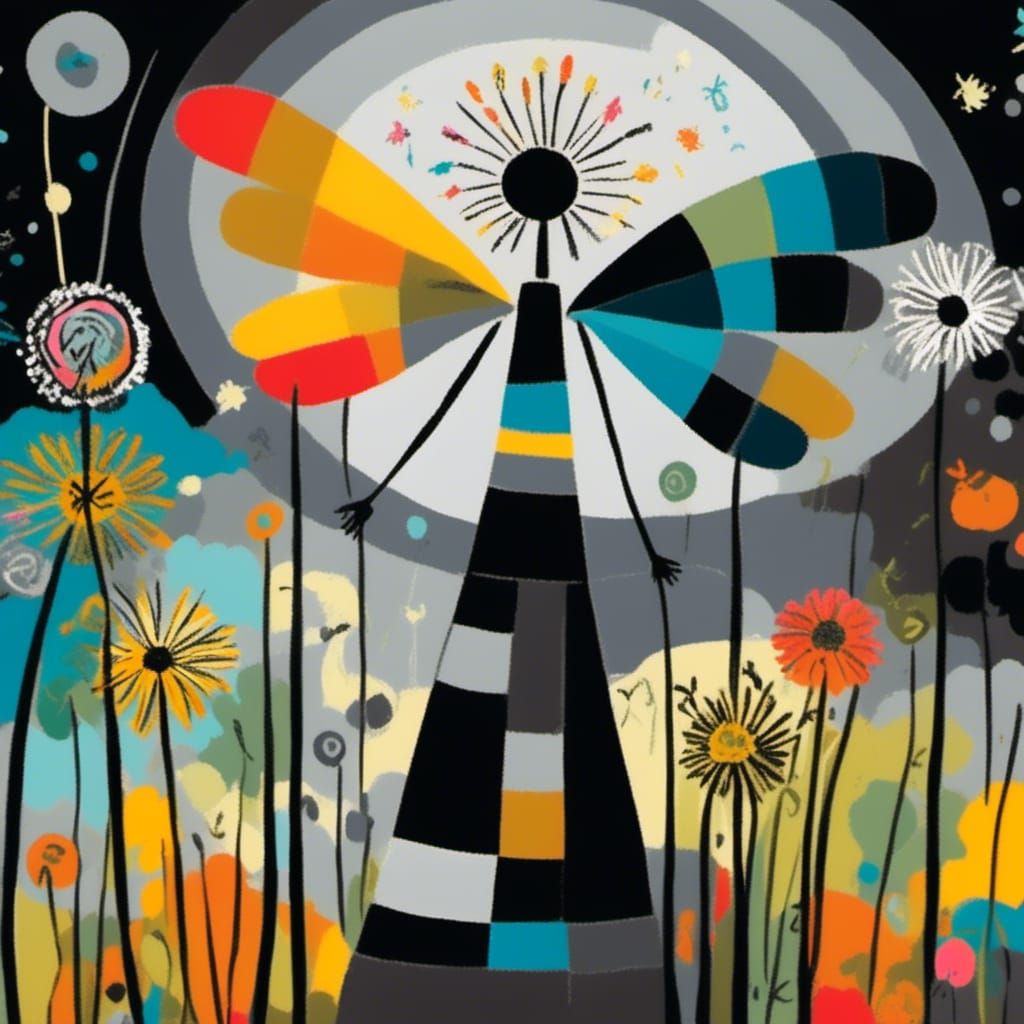 <lora:Pastel Wings:1.0> Winged fairies in a Million Dandelion dreamscape, making wishes , Picasso's integrated flow...