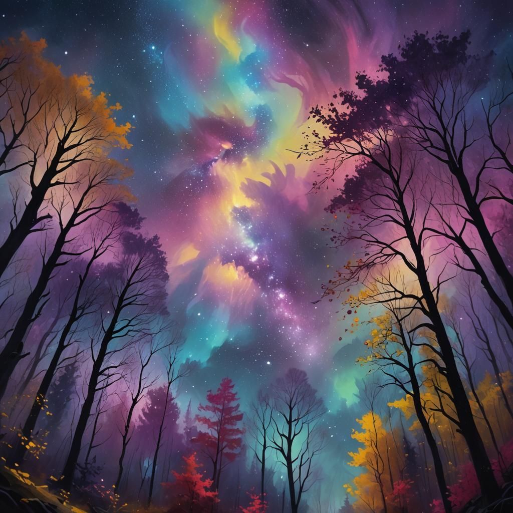 Milky Way Aurora Borealis Forest Oil Painting