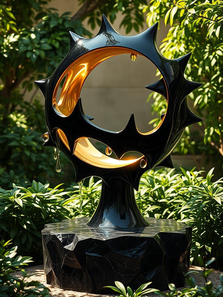 Ethereal Futuristic Sculpture in Serene Garden Oasis