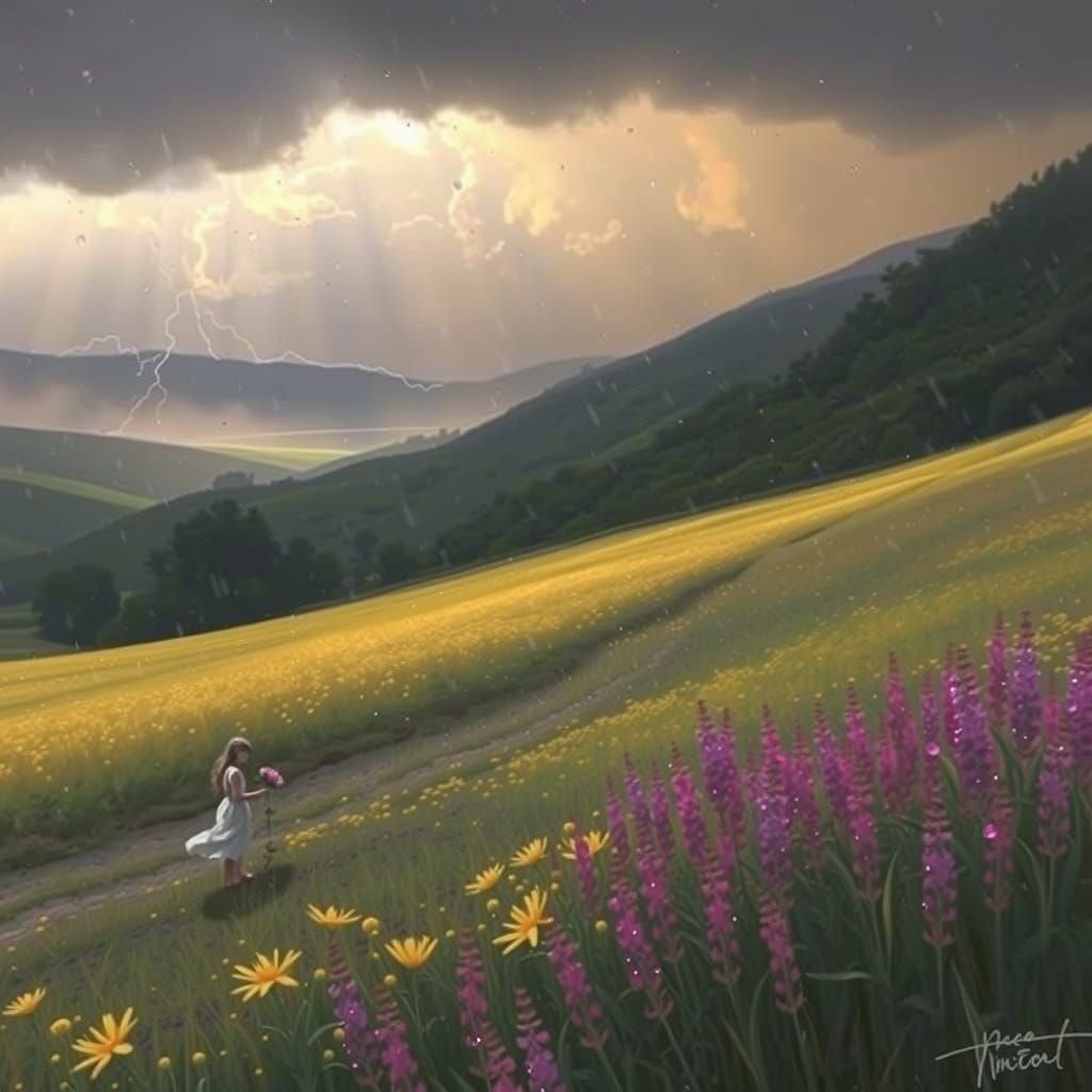 Lush Field: Woman in Summer Rain, Vibrant Colors