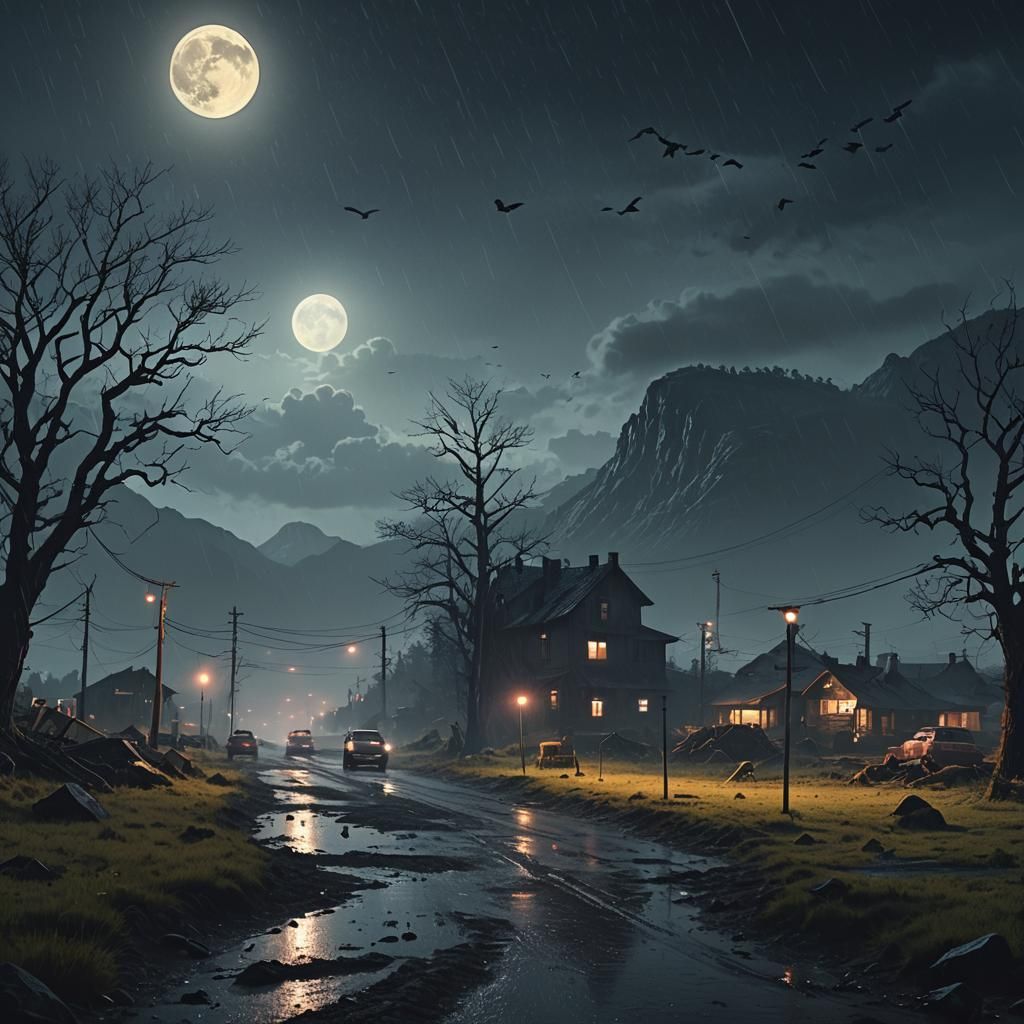 Rainy Night in Valley with Large Moon