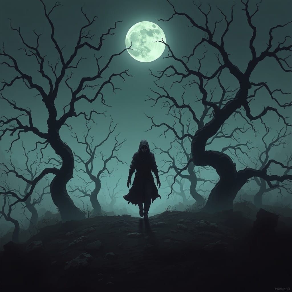 Lone Figure in Foreboding Landscape