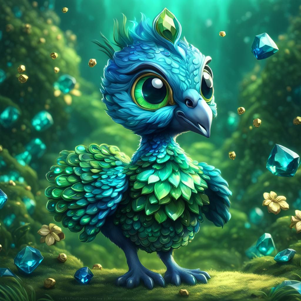 Chibi Peacock with Jewels, Detailed Matte Painting