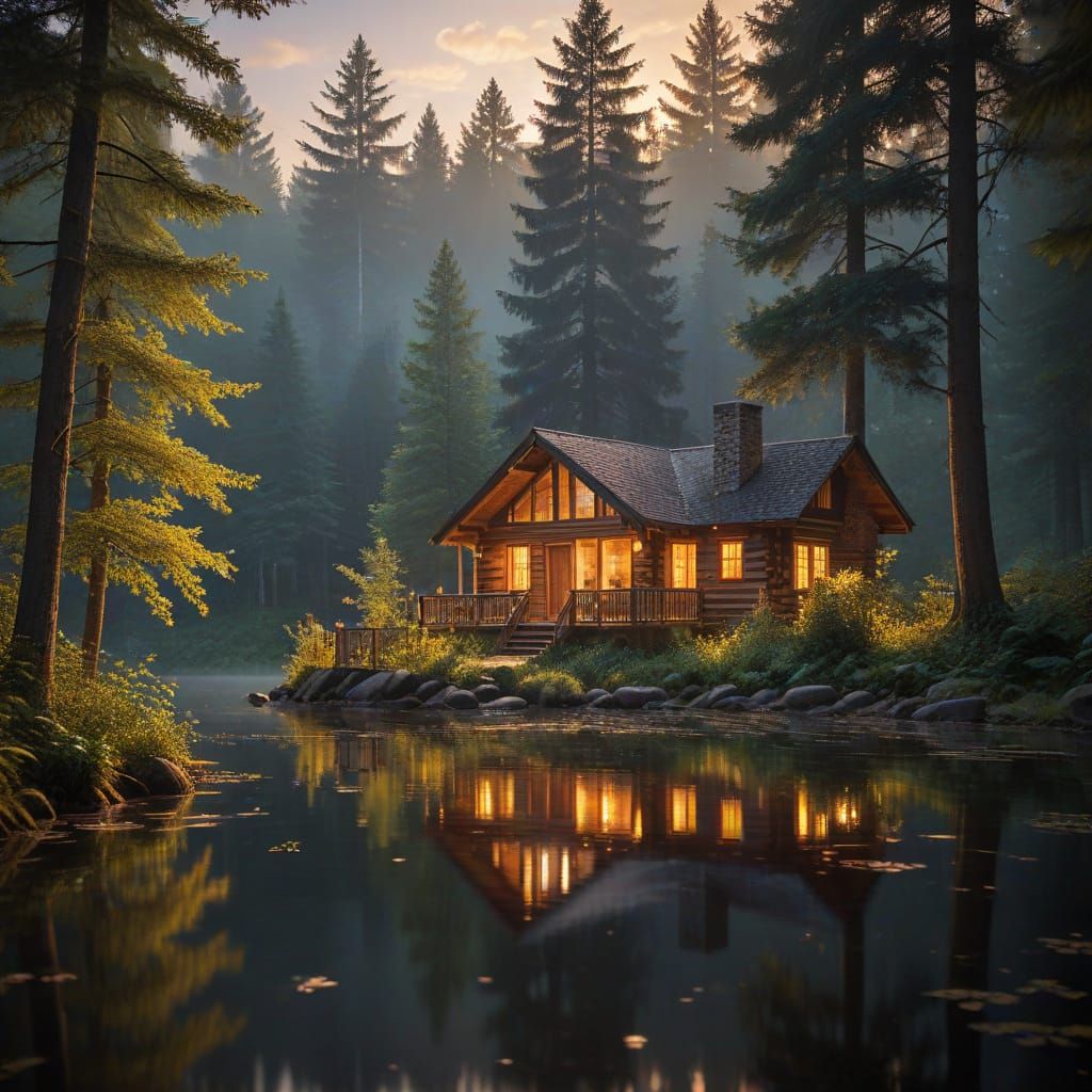 Misty Forest Cabin at Twilight in Oil Painting Style