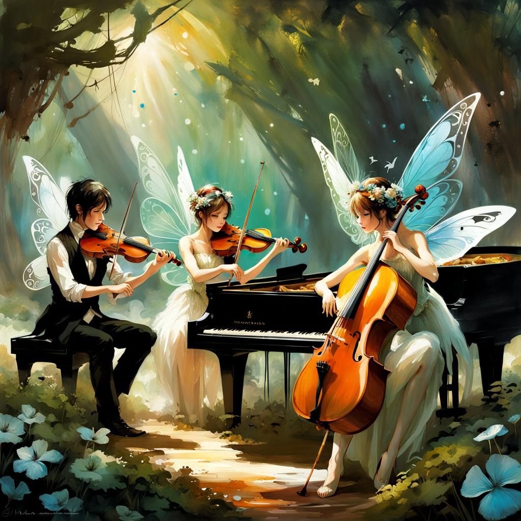 Fairy Orchestra in Enchanting Garden, Digital Art