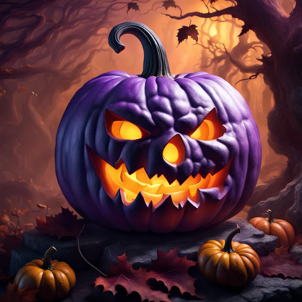 Epic Carved Purple Pumpkin with Fantasy Background