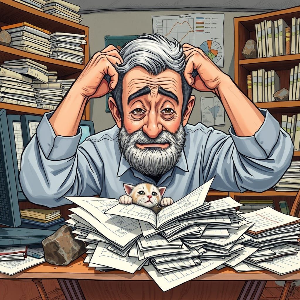 Overwhelmed Italian Geologist Works Amidst Cluttered Study