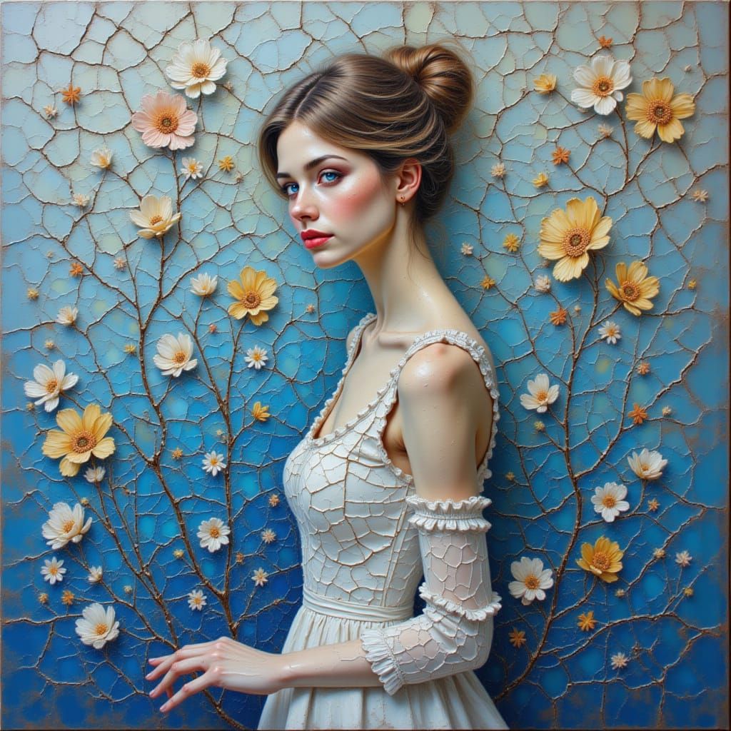 Cracked Porcelain Woman in Flowing Dress, Oil Painting Style