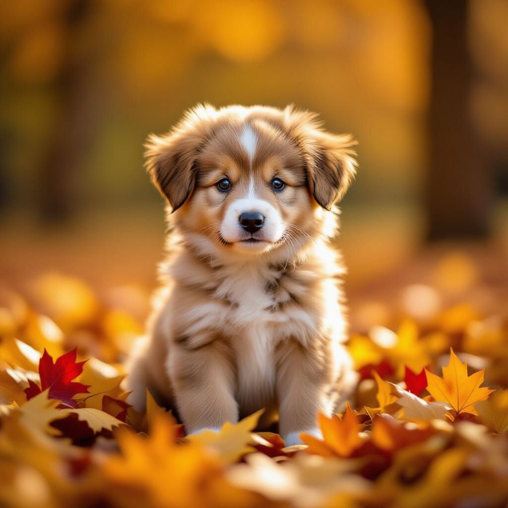 Fluffy Autumn Puppy in Fallen Leaves