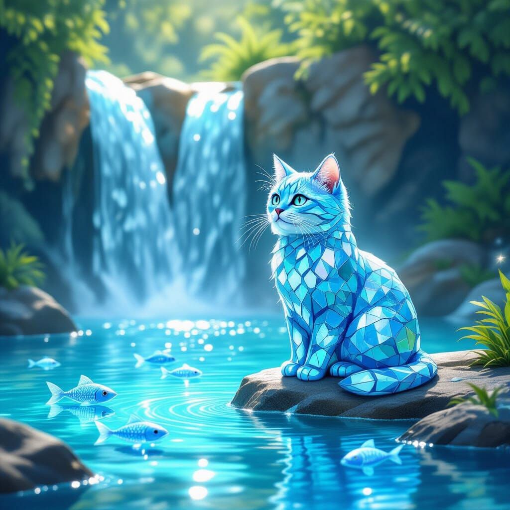 Crystal Cat at a Waterfall Oasis