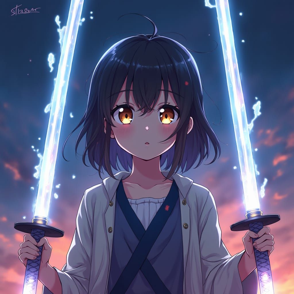 Anime Girl With Shining Katanas in Manga Style