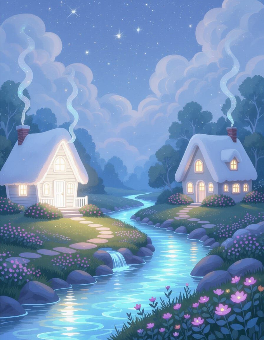 Magical Glowing Cabin in Dreamlike Fantasy Landscape
