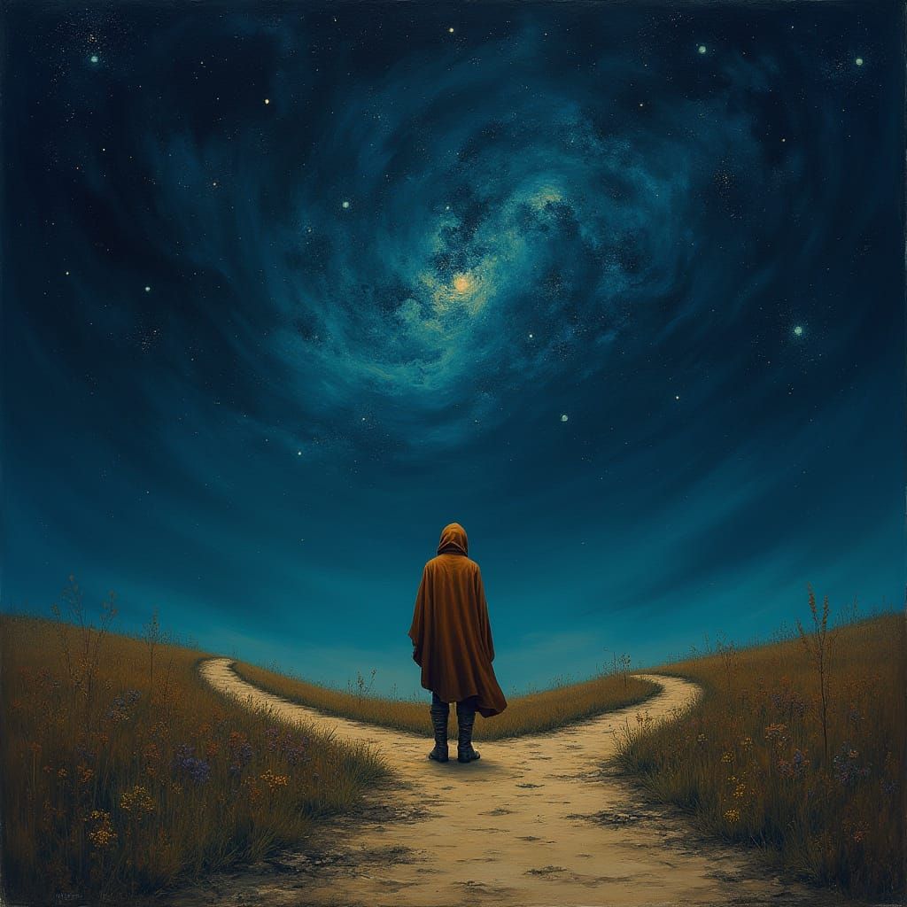 A Lone Figure Contemplates Two Paths Under a Starry Night