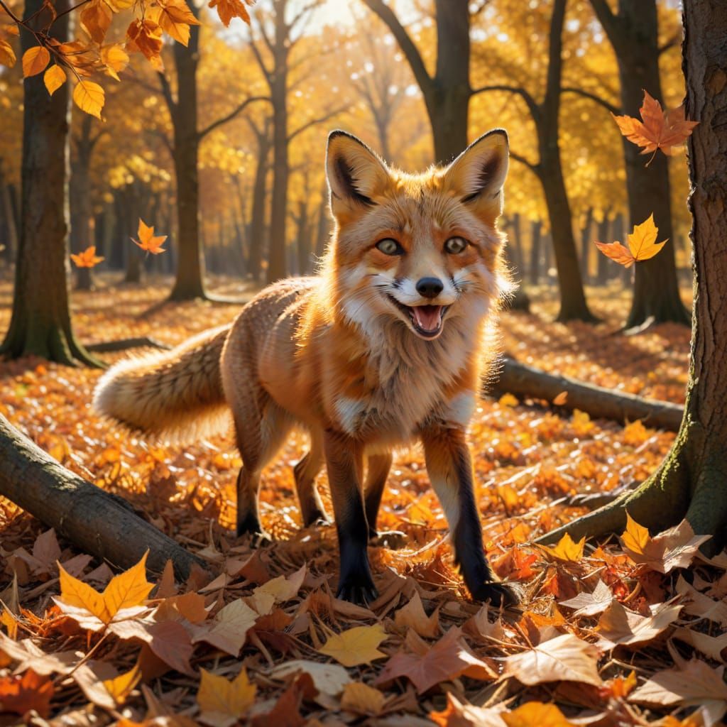 Playful Fox Pouncing in Autumn Leaves