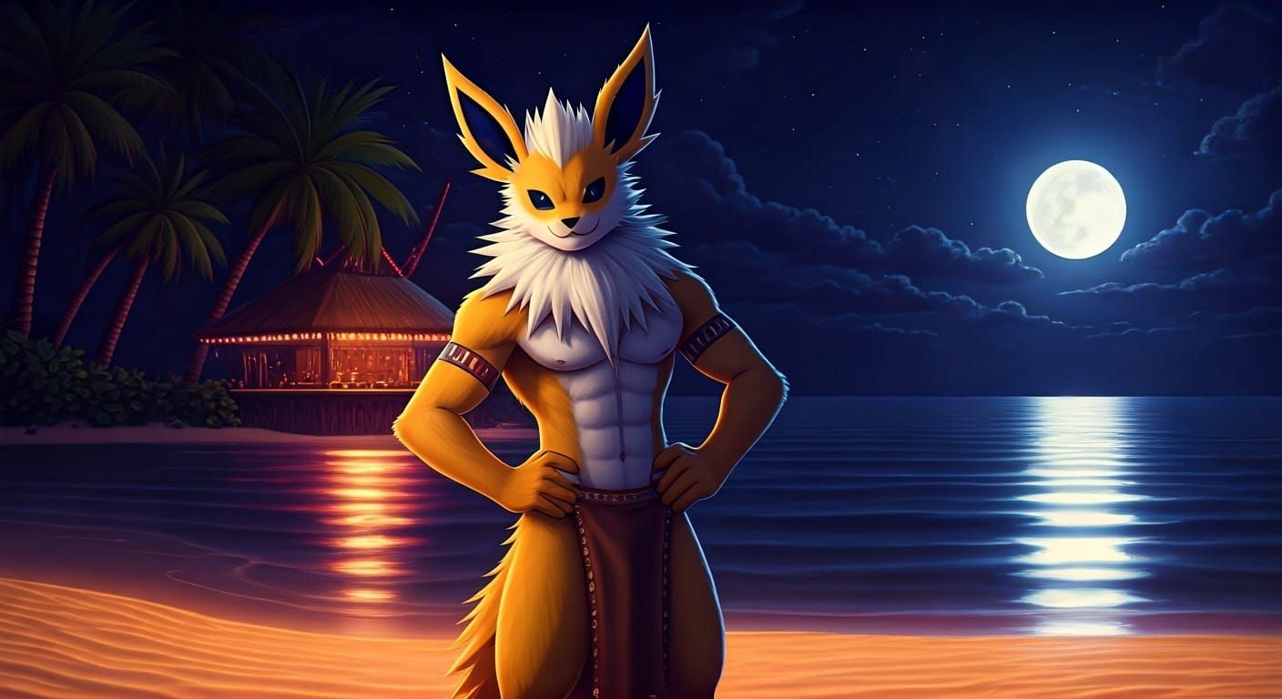 Anthropomorphic Jolteon Under Moonlit Tropical Skies