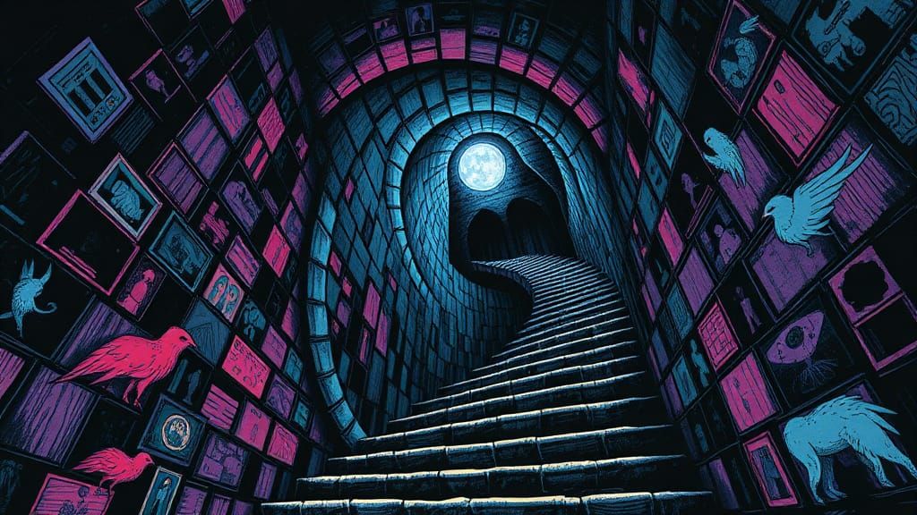 Surreal Staircase Disappearing into Darkness, Ink Illustrati...