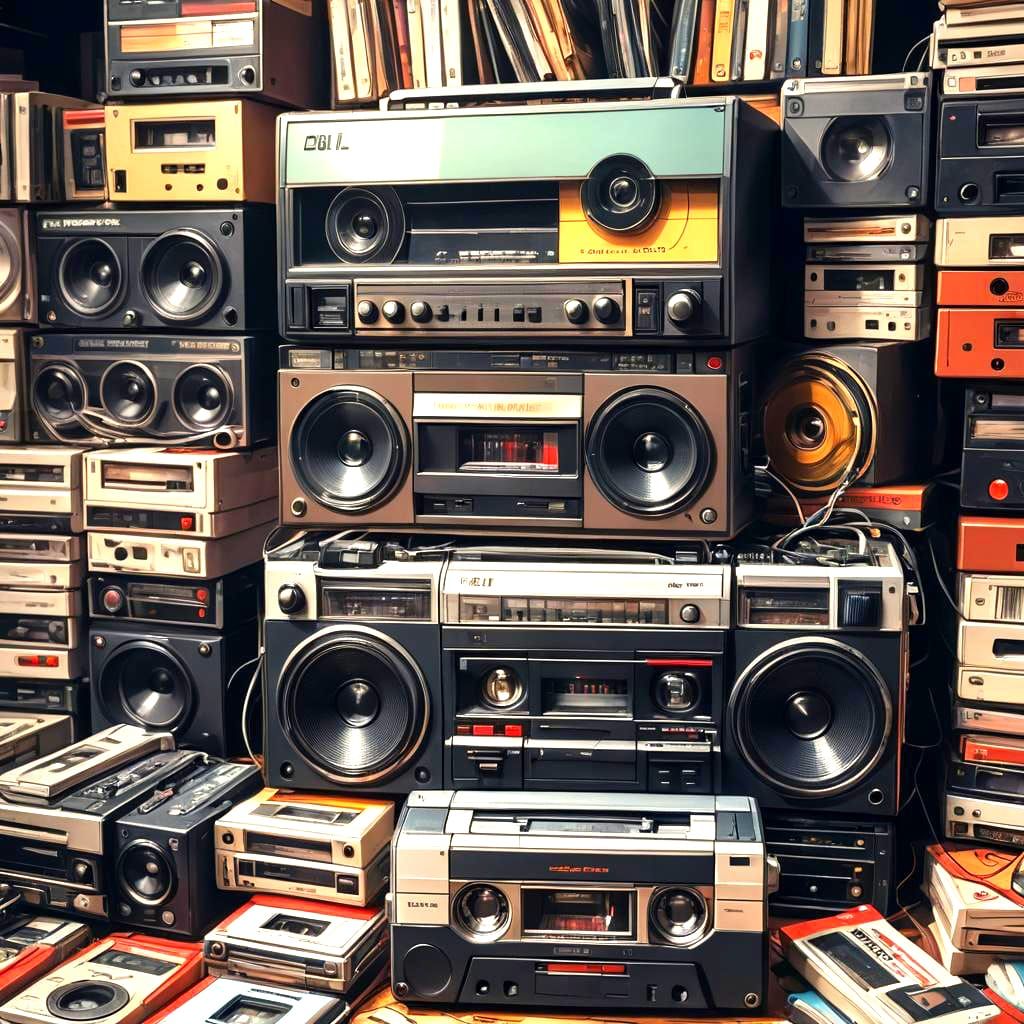 Vibrant 1980s Boombox and Cassette Stack in Hyperrealistic S...