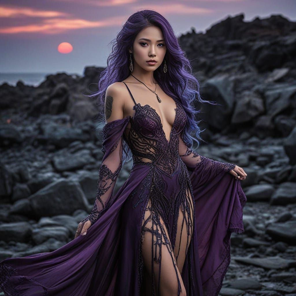 Exotic Japanese Seductress in Purple Gown Near Lava Flow