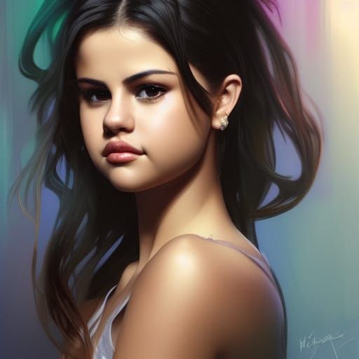Selena Gomez Portrait in Hyperdetailed Splash Art Style