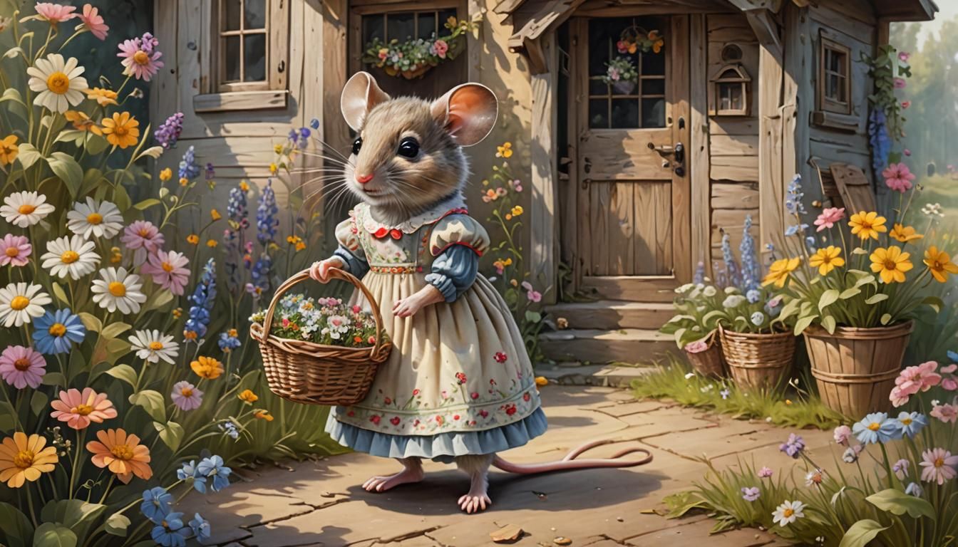 Charming Mouse in Floral Dress: Fantastic Realism Painting
