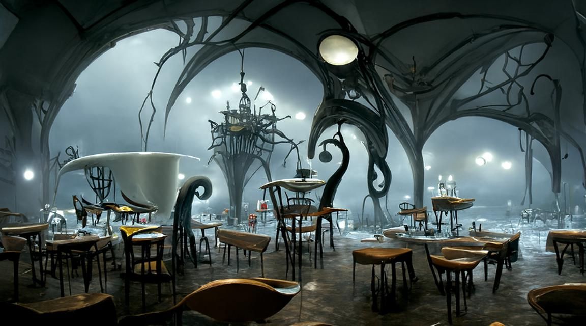Lovecraftian Nightmare Cafe by Tim Burton - AI Art