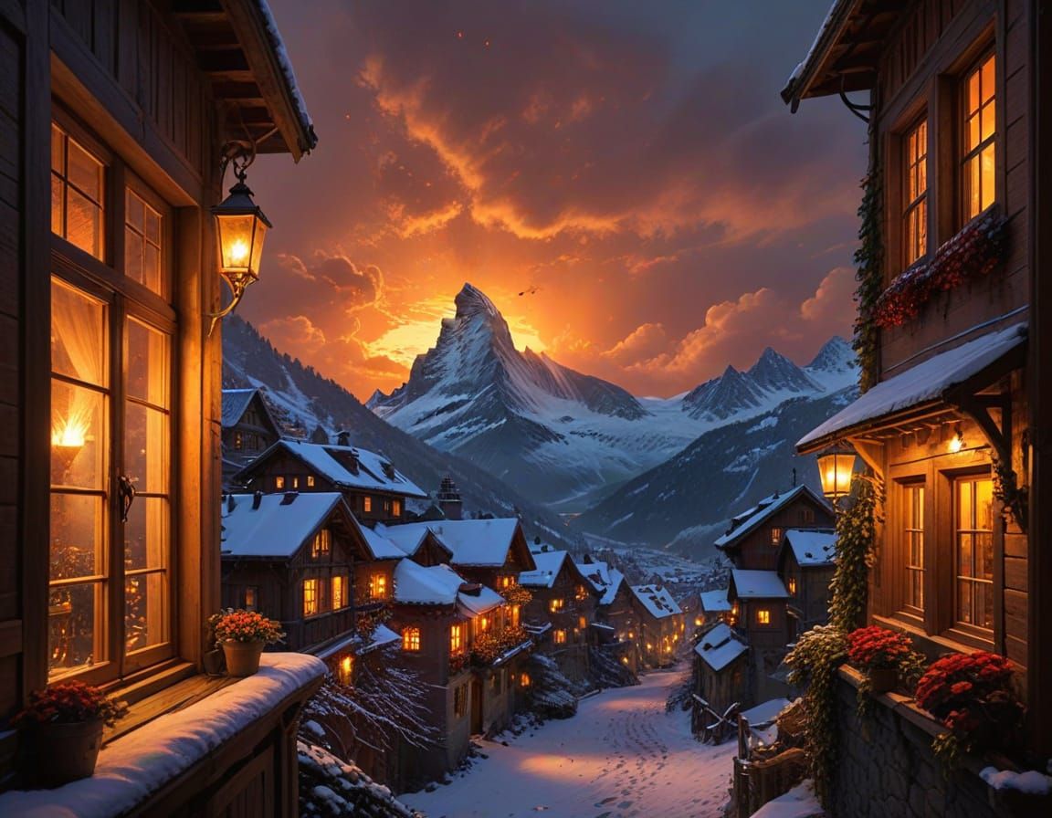Snowy Medieval Village Under Blood Moon in Swiss Alps