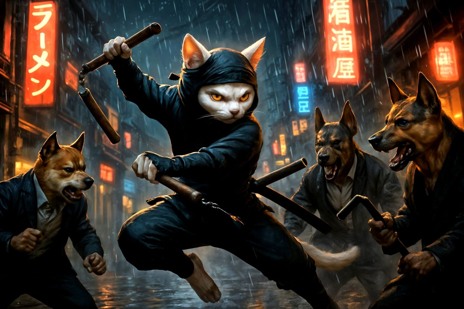 Ninja cat vs Yakuza dogs. Fight!