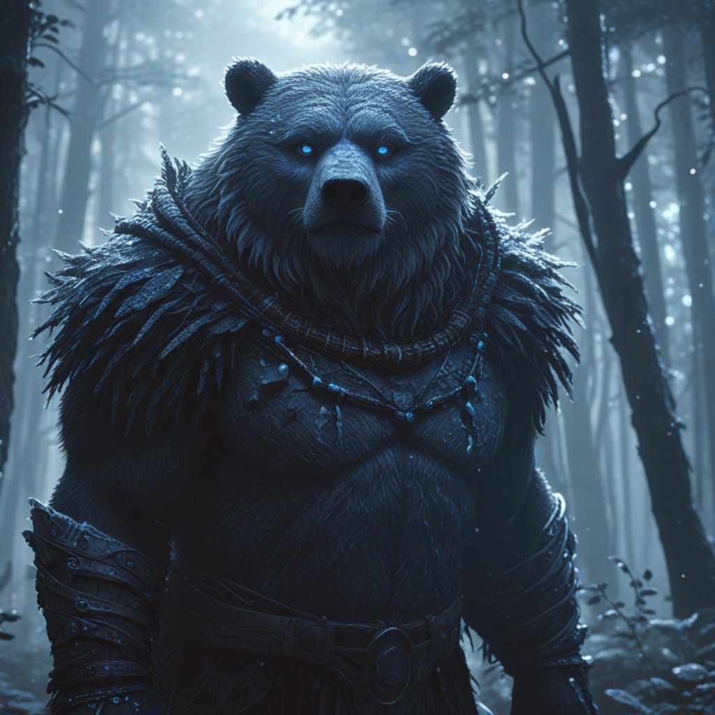 Mystic Anthropomorphic Bear in Ethereal Forest