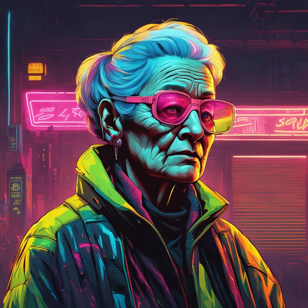 Glasgow Elderly Woman in Cyberpunk Neon Style