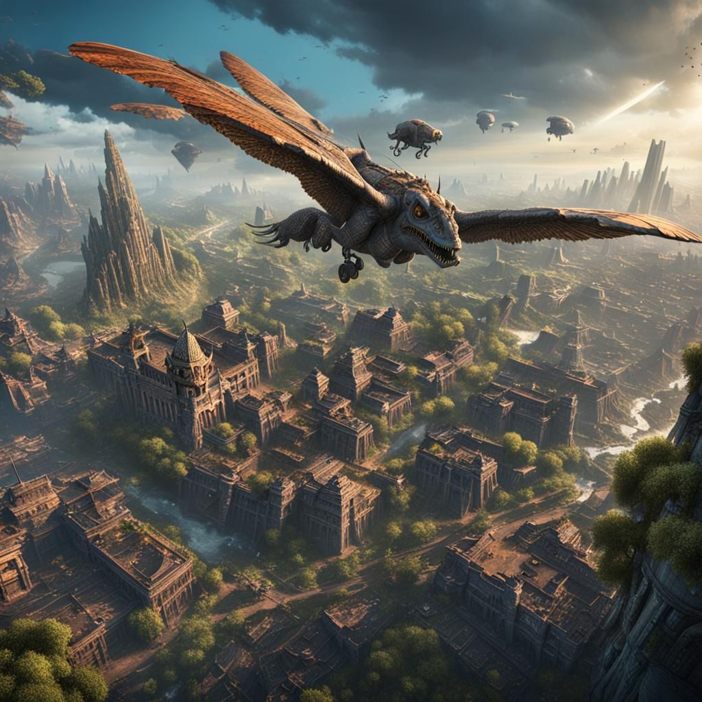 Prehistoric Bird Soaring Over Abandoned City