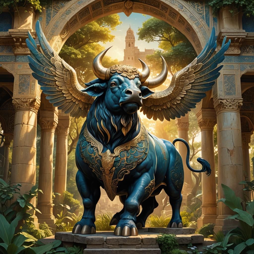 Winged Bull Illustration in Ancient Persian Garden