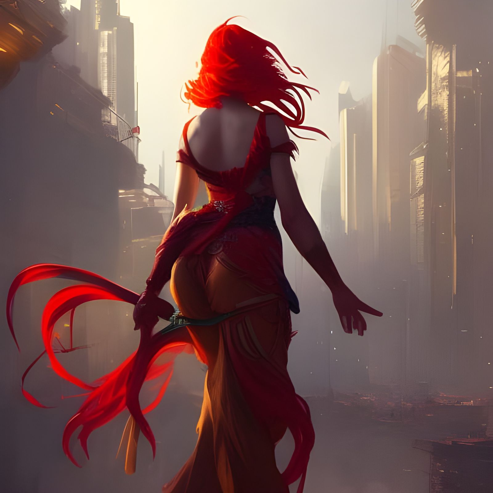 Red-Haired Goddess in City, Art Nouveau Style
